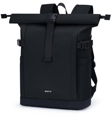 ECOHUB Rolltop Rucksack 20–27L, 15.6 Zoll Laptop Rucksack mit Schnellzugriff auf das Hauptfach ohne Öffnen des Rolltops, Urbaner Tagesrucksack für Alltag, Arbeit, Uni und Reisen(Midnight Black)