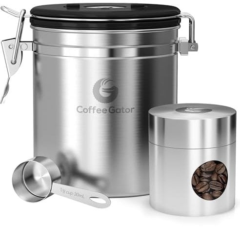 Coffee Gator Kaffeedose Edelstahl, Luftdicht Vorratsdose mit Deckel, Datum Tracker, CO2-Freigabeventil, Messlöffel, für Kaffeebohnen, Kaffeepulver, Nüsse, Tee, Zucker, Mehl