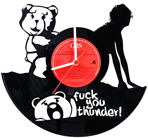 GRAVURZEILE Wanduhr aus Vinyl - Fuck You Thunder Upcycling Design - Handmade Vintage-Uhr - Wanddekoration im Retro-Design für Filmfans - Geschenk für Sie & Ihn - Made in Germany
