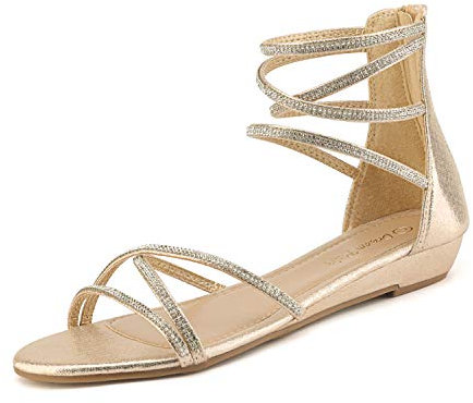 DREAM PAIRS Sandales pour Femmes Compensées Basses avec Bride à la Cheville Sandales Plates d'été Tendance Or Weitz Taille 38