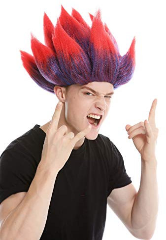 WIG ME UP - LM-19-PC3TPC13 Perücke Damen Herren Karneval hochtoupiert Dämon Teufel Troll Blume Rot-Blau Rot