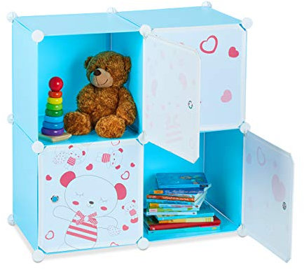 Relaxdays Spielregal für Kinder, Teddybär Motiv, 4 Fächer, Erweiterbar, DIY Steckregal, HBT: 75 x 75 x 36,5 cm cm, blau