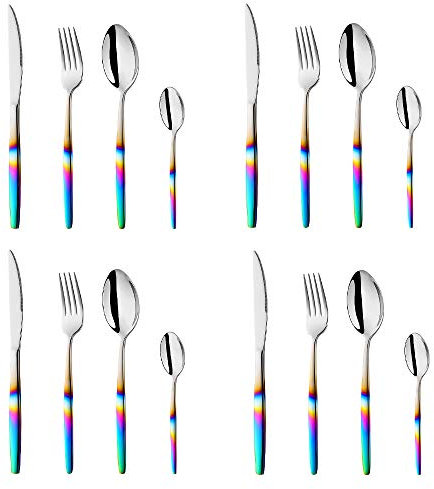 Bisda Cubiertos de acero inoxidable Juego de cubiertos iridiscentes con mango de color arcoíris, servicio de cubiertos de 16 piezas para 4, juegos de vajilla para fiestas Outdooor Camping Travel