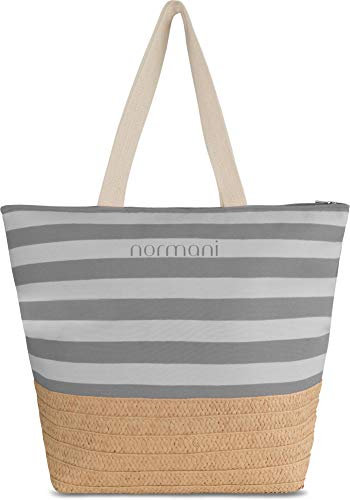 normani XXL Strandtasche mit Reißverschluss, Henkeln und Innentasche - Shopper groß - Damen Schultertasche beach bag gestreift- große Tasche mit Stroh 23 Liter Farbe Grau
