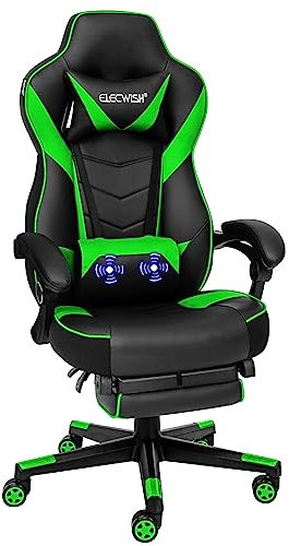 Fullwatt Racing Gaming Chair for adults with Footrest and Massage Lumbar Pillow, Swivel Height Adjustable Reclining PU Leather Video Game Chair, E-Sports Gaming Chair Big and Tall(Green)