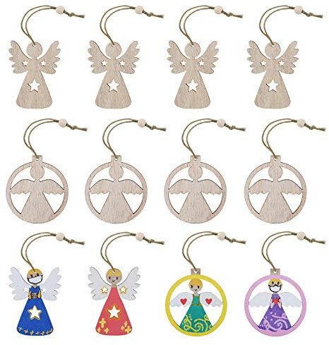 LIHAO 12 x Holz Anhänger Engel für Christbaumschmuck Holzanhänger Deko Weihnachten DIY Basteln zum Bemalen Anhänger Tannenschmuck für Weihnachtsbaum Schmuck