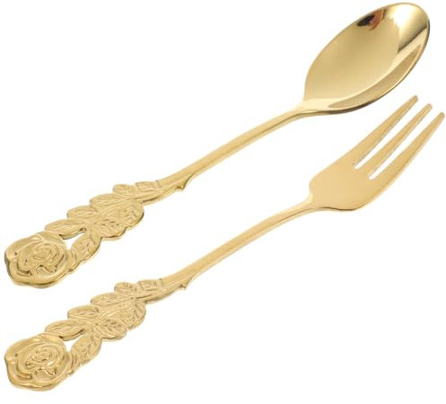 YARNOW 2 stk Blumen Löffel Gabeln Besteck Set Rosen Design Edelstahl Tafelbesteck Teelöffel Golden Dessert Kuchengabel Kaffeelöffel Rührlöffel Löffel