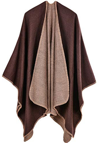 Lifetooler Women Poncho Cape Open Front Spring Cardigan Lady Reversible Free Size Cape Printed Oversized Warm Wraps Checked Knitted Tartan Blanket Bohemia Long Geometric Pattern Shawl Coffee