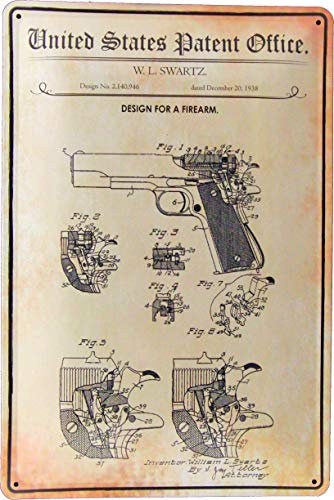 Blechschild 20x30 Colt 1911 Government US Waffe Patent Stil 45 ACP Pistole Firearm Gold Cup National Match im Retro Vintage Nostalgie Design