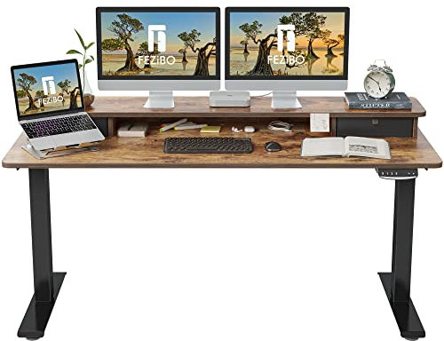 FEZIBO Height Adjustable Electric Standing Desk with Double Drawer, 150 * 60cm Stand Up Table with Storage Shelf, Sit Stand Desk with Splice Board, Black Frame/Rustic Brown Top