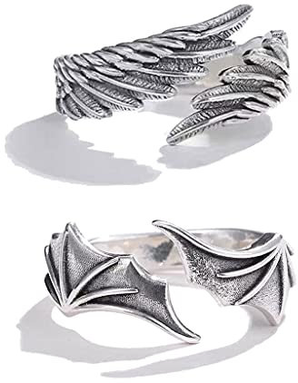 OKwife 2X Classic Simple Angel Demon Wing Paar Ringe Set Ins Retro Kreative Öffnung Einstellbarer Ring Für Teen Girls