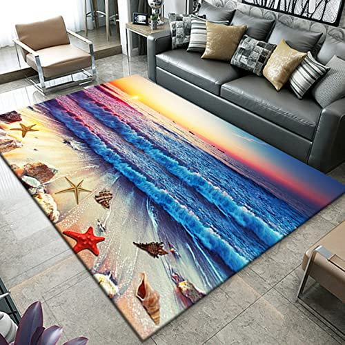 3D Ozean Strand Landschaft Teppich Wohnzimmer Schlafzimmer Dekor Flanell Kinder Spielmatte Küche Korridor Essbereich Teppich Sunset Blue Wave Beach Seestern Shell Conch Muster (Farbe 1,120x180 cm)