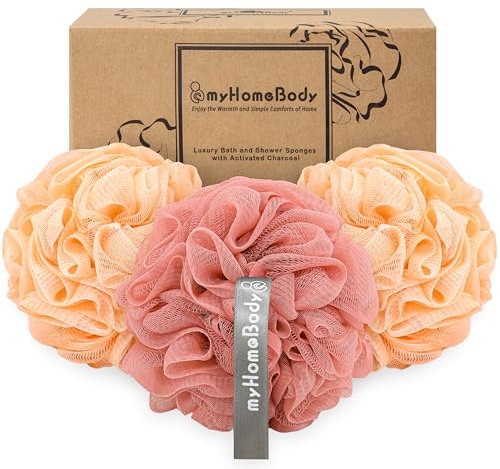 myHomeBody Esponja de lufa grande de 70g, exfoliante corporal, esponja de baño, Esponja Exfoliante - Puf de Ducha con Carbón Activado -2 Peach +1 Coral Red, Paquete de 3