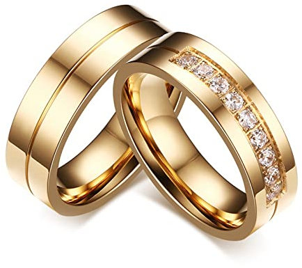 Paarringe Titan Gold, Verlobungsringe Eheringe Paar Vergoldet 6MM Breite Poliert Runden Zirkonia Partnerringe mit Gravur für Paare Damen Gr. 60 (19.1) & Herren Gr. 54 (17.2)