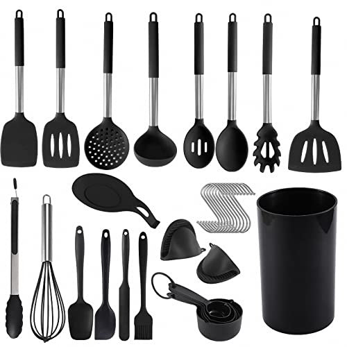 AJEYPMZ Silicone Kitchen Utensils Set of 20, Stainless Steel Tube Handle Cooking Turners kit, with Storage Bucket,Black,20pcs