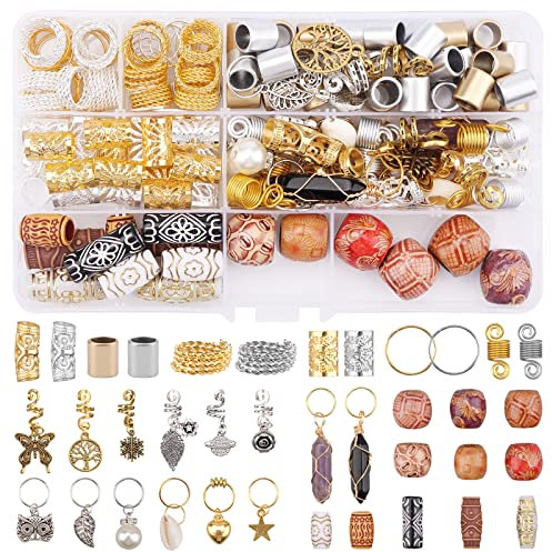EBANKU 184pcs Hair Jewelry for Braids, Dreadlocks Hair Jewelry for Braids, Jewelry Aluminum Hair Spools, Old Gold Metal Pendant Wooden Beads Braid Accessories