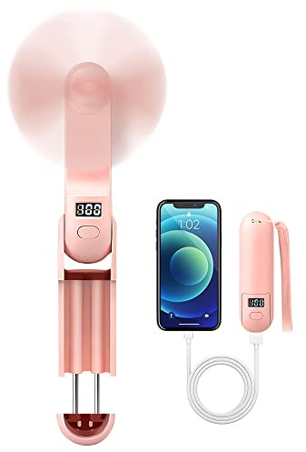 FADACHY Hand Fan Folding,Mini Portable Handheld Fan,Battery Operated USB Rechargeable with Power Bank LCD Display Handheld Fan,Personal Pocket Fan for Eyelash,Makeup,Kids,Cooling-Pink