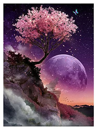 DCIDBEI Rund 5D DIY Diamant Painting Lebensbaum 40x50 cm Zauberwald Baum Bilder Full Drill Erwachsene und Baum auf einer Klippe Kirschbaum und VollmondDekoration Diamond Painting Groß xxl