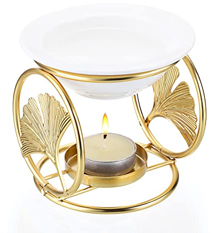 TOLIDA Keramik Duftlampe mit Kerzenhalter Vierringiges Blatt Aromatherapie Brenner aus Eisen Ätherisches Öl Aromadiffusor Räuchergefäß Wachsschmelzbrenner Gold für Schlafzimmer Wohnzimmer Yoga