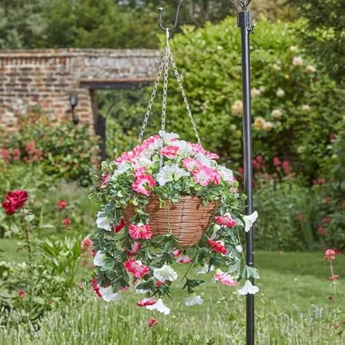 Garden Mile 12'' Artificial Flower Hanging Basket Garden Planter with Rattan Basket Fake Flowers Hanging Plant Pot Outdoor Decoration Large Wicker Basket with Fake Spring Flowers