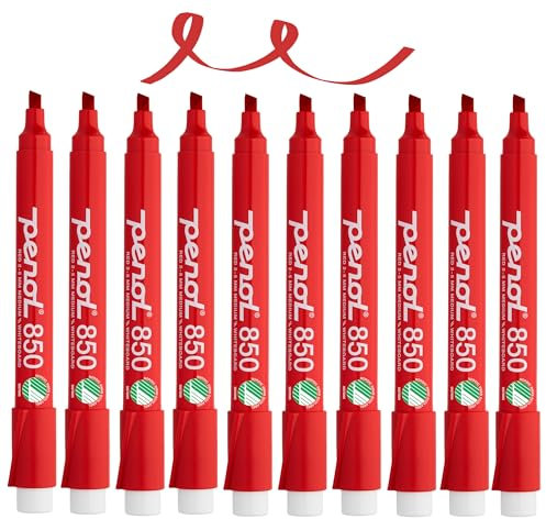 PENOL Whiteboard-Marker, 10 Whiteboard Stifte in der Farbe Rot – 850, 2–5 mm Keilspitze, trocken abwischbarer Marker mit Nordic Swan Ecolabel, geruchlose Folienstifte für Büro und Schule