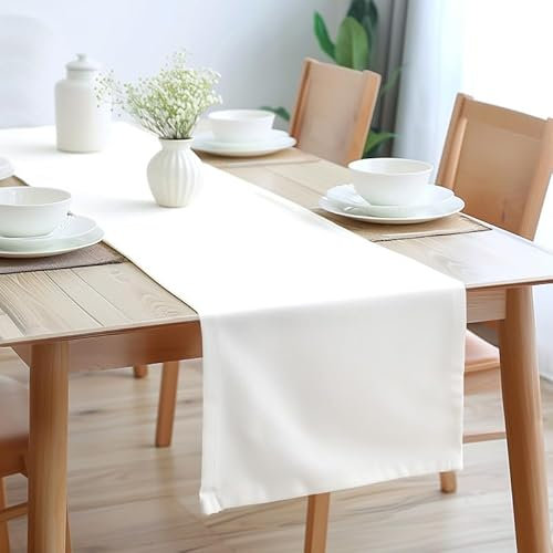 Encasa XO Table Runner Größe 32x183 cm | Baumwoll -Leinwand Stoff | Weiss Solid Color | Waschbarer und dauerhaft