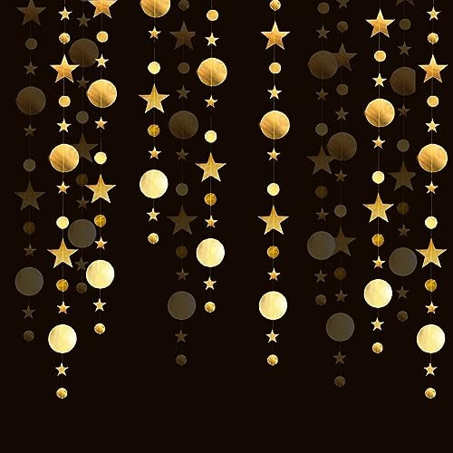 Stern Papier Girlande Gold Deko mit Runde Kreis Punkte Papiergirlande, Goldenem Reflective Hängend Sterngirlande, Dekorationen für Geburtstag, Geburtstagsdeko Dekoration -16 Meter-