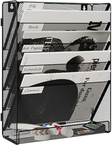Senhoglb 6 Fächer zeitungshalter Wand Metall A4 Zeitschriftenhalter Wand Dokumentenablage Hängeregister Zeitschriftenständer Flyerhalter Prospektspender mit 5 Fächern und 1 Tablett, Schwarz