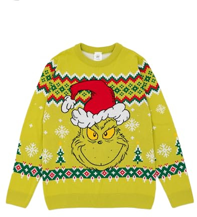 Grinch Le Pull de Noël en Tricot Vert pour Hommes | Pull de Noël Festif - Chaud, Amusant | Vêtements emblématiques du thème Grinch pour Les célébrations de Noël | Idéal pour Les Fans de Grinch
