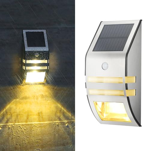 Solar Wandleuchte mit Bewegungsmelder Aussen LED Solarleuchten 3000K Warmweiß Außenwandleuchte IP65 Wasserdicht Wandlampe Solarlampen für Garage Gärten Balkon Zaun Hof Terrasse Sicherheitswandleuchte