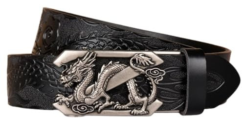 NALANY Herren Ratsche Ledergürtel Western Hohle Drache Automatikschließe Verstellbare Abnehmbar Unisex Gürtel Mit Geprägtem Ornament Drache Muster(110cm/43, Black)