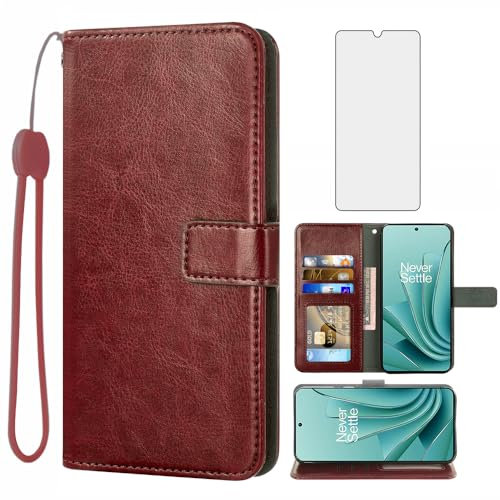 Schutzhülle für Oneplus Ace 2V 5G, gehärtetes Glas, Displayschutzfolie und Leder-Klapphülle mit Kartenhalter, Ständer, Handy-Zubehör für One Plus 1 + 1 + Ace2V V2, für Damen und Herren, Braun