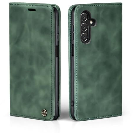 LBH Funda para Samsung Galaxy A25 5G en color verde con compartimento para tarjetas y dinero, funda para smartphone con función atril, cierre magnético, estilo vintage