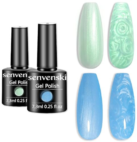 Senvenski Pearl Gel Nail Polish, Green Blue Opal Mermaid Gel Polish Aurora Shell Shiny Glitter Shimmer Holographic Soak Off Gift Set UV LED Art Varnish Kit (CS2-013)