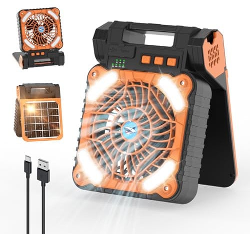 Smiling Shark Ventilador de Camping con LED, 12000mAh Batería Recargable 90° Plegable Solar Ventilador de acampar con luz 4 Velocidades & Power Bank Portátil Camping Fan with Light para Pescar Viajar