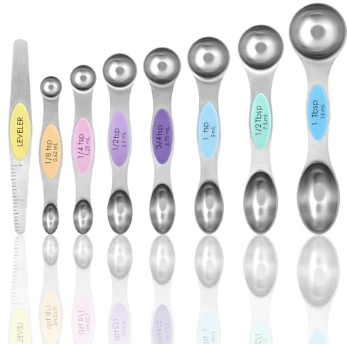 Magnetic Measuring Spoons Set of 8 with Leveler, Stainless Steel Metal Measuring Spoon, Dual Sided for Measuring Dry and Liquid Ingredients, Teaspoon Tablespoon Measure Spoons (Multicolor)