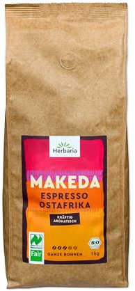 Herbaria MAKEDA Bio Espresso ganze Bohnen 1kg – Naturland Fair zertifiziert aus Ostafrika – Röstaromen mit Kakao- & Eichenholz-Noten – Bio Kaffeebohnen perfekt für Siebträger und Kaffeevollautomaten