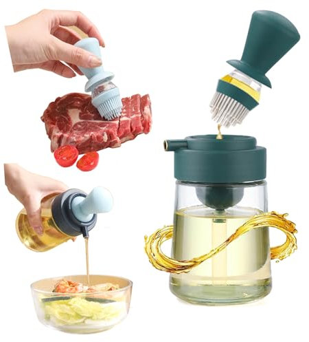 KICPUK 2 in 1 Cooking Oil Dispenser with Silicone Brush Bottles, Kitchen Cooking Oil Glass Bottle, Silicone Material Squeeze Dropper with Brush, Can Brush Fried Meat Brush Vegetables (Green)