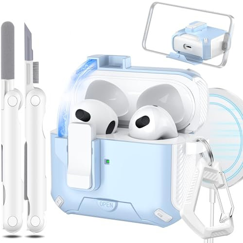 MHYALUDO Custodia per AirPods 3 generazione, Compatibile con Magsafe, Chiusura Magnetica Automatica, Porta di Ricarica Antipolvere e Design Supporto con Kit di Pulizia, Bianco Neve/Azzurro Cielo