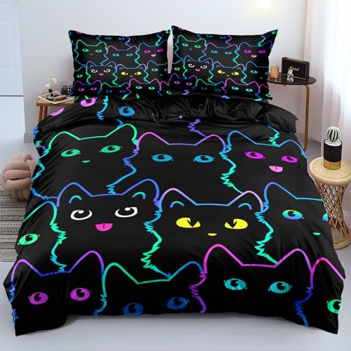 MVRFN Cartoon Katze Bettwäsche 155×220cm+Kissenbezug mit Reißverschluss 80×80 cm×2 Süßes Kätzchen Bettwäsche Atmungsaktiv Luxuriöser Weicher Mikrofaser-Bettbezug