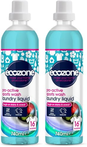 Ecozone Pro-Active Sports Wash, Ultra Concentrated Laundry Liquid Bio Detergent, Washing Machine Clothing Stain & Odour Removal, Natural Vegan Non Toxic Eco-Friendly, Gentle on Skin, 16 Washes (750ml)