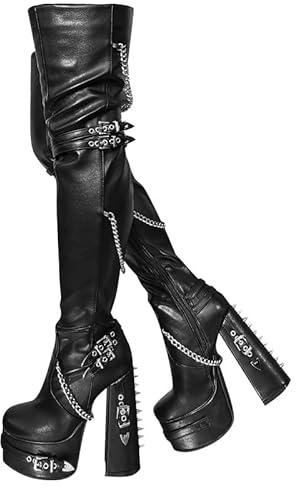 blingqueen Platform Heel Thigh High Boots for Women Chunky Block Heels Zip Up Over The Knee High Boots with Rivets Chains Ring Buckle Punk Boots Riding Motorcycle Sock Boots Black PU Leather Size 10