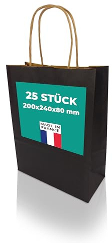 h-Green Papiertüten mit Henkel 200x240x80 mm (25 Stück), tragbare Papiertüten mit 3kg Tragfähigkeit, recycelbare Geschenktüten aus FSC® zertifiziertem Recycling-Kraftpapier, 90g/m², schwarz