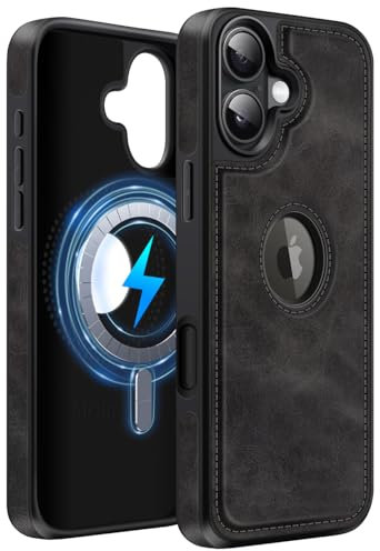 MOBESV Lederhülle mit Logo-Ansicht für iPhone 16 6,1 Zoll, Magnetisch Handyhülle kompatibel mit MagSafe, Dünn Klassische Elegant Hülle, Schwarz