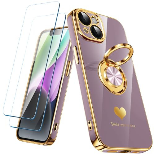 Nonional Compatible for iPhone 14 Case with 2 Pack Screen Protector, 360° Rotatable Ring Holder [Luxury Hearts Pattern] Plating Gold Edge Slim Soft Phone Cover Case for iPhone 14 - Light Purple