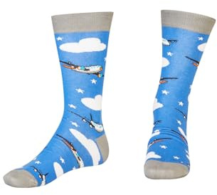 AbgeStrumpft Flugzeug Socken – Lustige lange Socken mit Wolken,Flugzeug-Motiv, 85% Baumwolle & nahtlos, Blau, Gr. 35-46