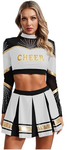 RUNQHUI Damen Cheer Leader Kostüm Zweiteiler Crop Tops mit Faltenrock Cheerleading Uniform Tanzkleid Halloween Karneval Fasching Partykleid Weiß L