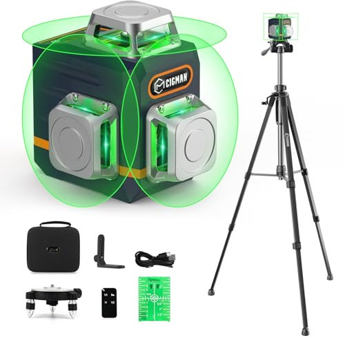 Livella Laser con Treppiede, CIGMAN Livello Laser Autolivellante 3x360°, Gamma di Lavoro: 30M, con Telecomando, Supporto Magnetico e Rotante, Batteria Incorporata dello Li-ione,1,5 m Treppiede, CM701T