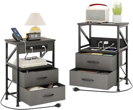 Flrrtenv 2 PCS Bedside Table with Power Strip, Bedside Cabinet with 2 Drawers, Bed Side Table for Bedroom, Night Stand, 2 AC Outlets, & 2 USB Ports, Side Table with Metal Frame, Grey Oak