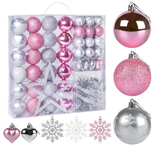 79teilig Weihnachtskugeln Set, Glitzer Weihnachtsbaum Kugeln Kunststoff Christbaumkugeln, Weihnachtsbaumschmuck für Festival Feiertag Weihnachts Dekoration, Rosa und Sliber